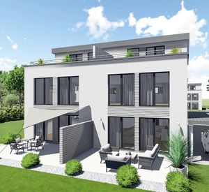 3D-Illustration eines geplanten Doppelhauses im Wohnquartier Espelweg