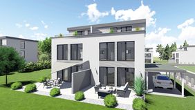 3D-Illustration eines geplanten Doppelhauses im Wohnquartier Espelweg