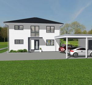 Ansicht des Eingangsbereichs der 3D Illustration des geplanten Einfamilienhauses