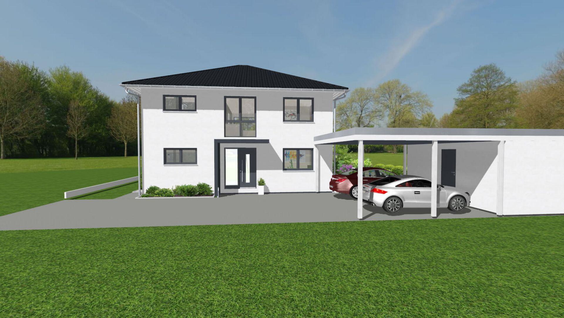 Ansicht des Eingangsbereichs der 3D Illustration des geplanten Einfamilienhauses