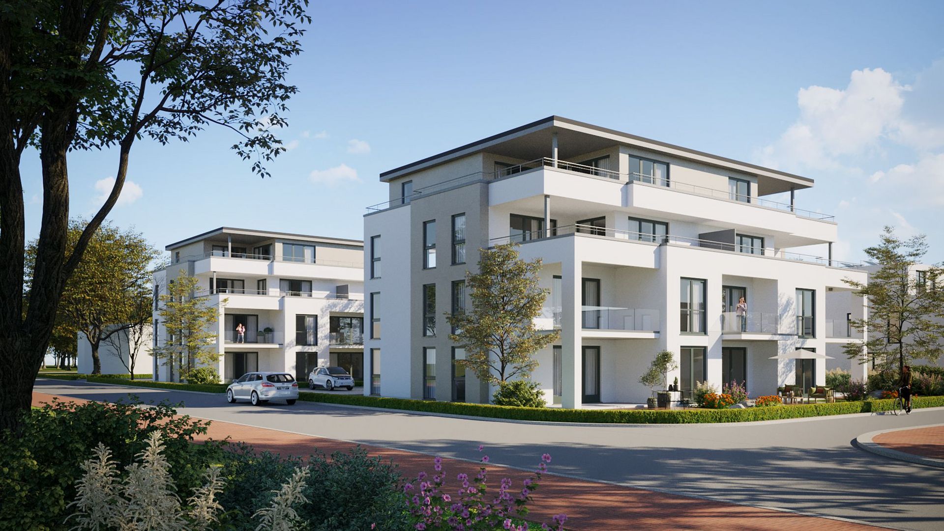 3D-Illustration der beiden geplanten Mehrfamilienhäusern mit je 9 Einheiten im Wohnquartier Espelweg