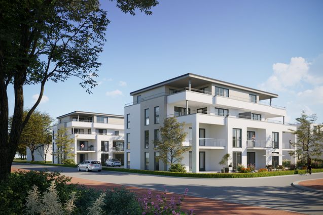 3D-Illustration der beiden geplanten Mehrfamilienhäusern mit je 9 Einheiten im Wohnquartier Espelweg