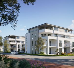 3D-Illustration der beiden geplanten Mehrfamilienhäusern mit je 9 Einheiten im Wohnquartier Espelweg