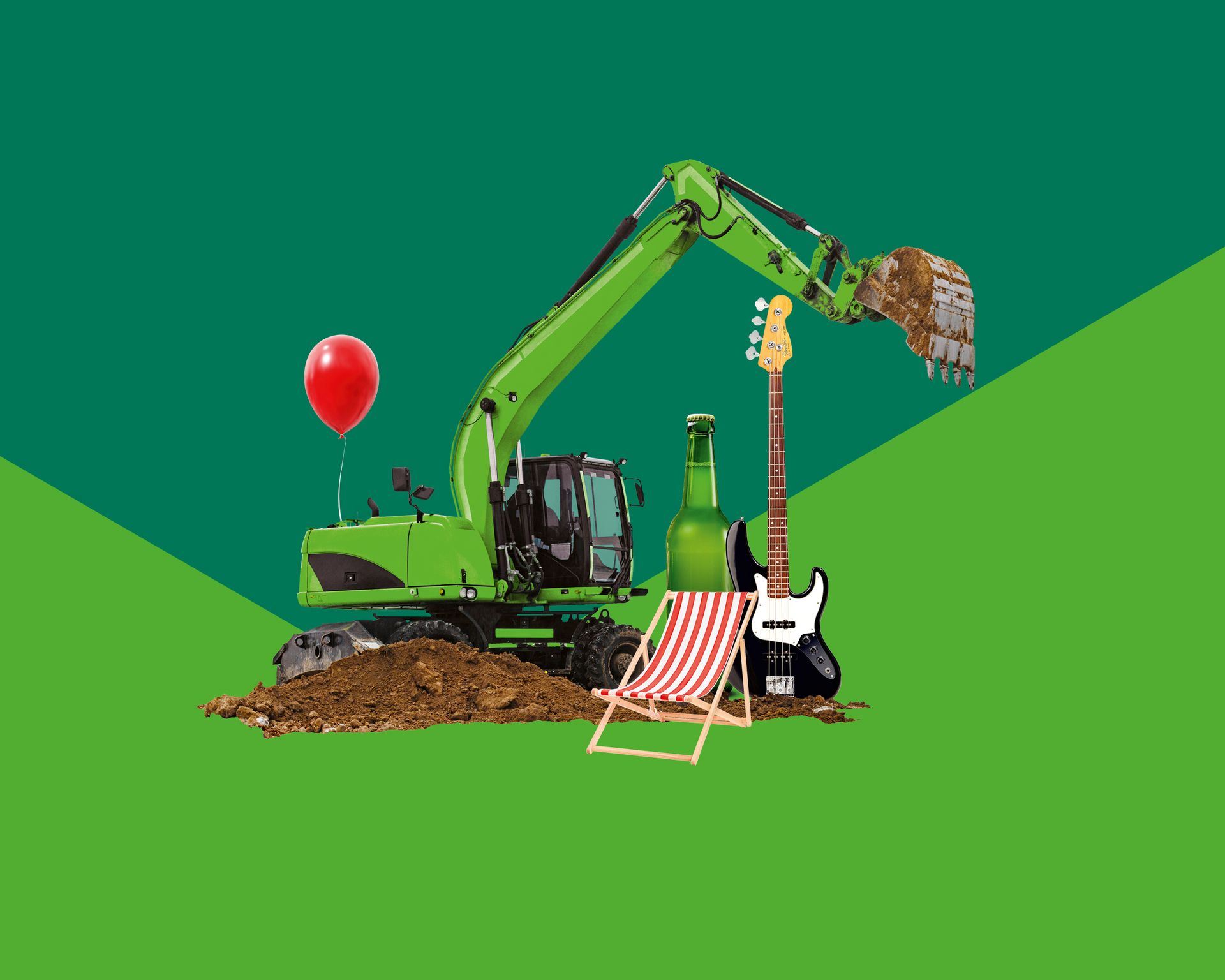 Oberbremer Baubetriebe 100 Jahre Feier Komposition aus Bagger, Getränk, Gitarre und Strandliege